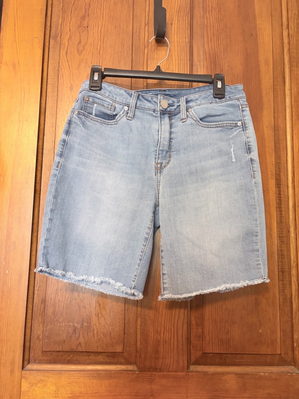 Seven7 Light Blue Boyfriend Denim Shorts with Frayed Hem Detail